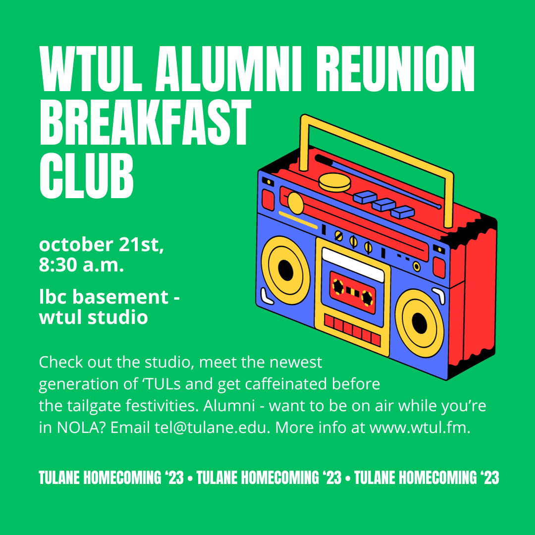 WTUL Alumni Reunion Graphic - radio on green background