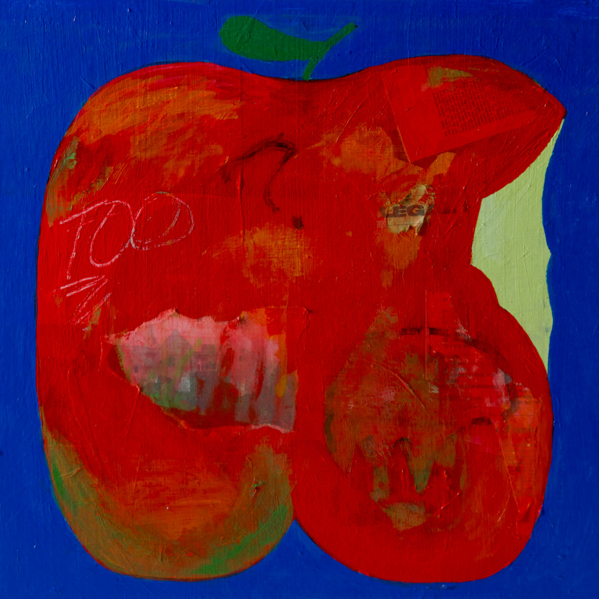 Red Apple with Markings on It Over A Blue Background