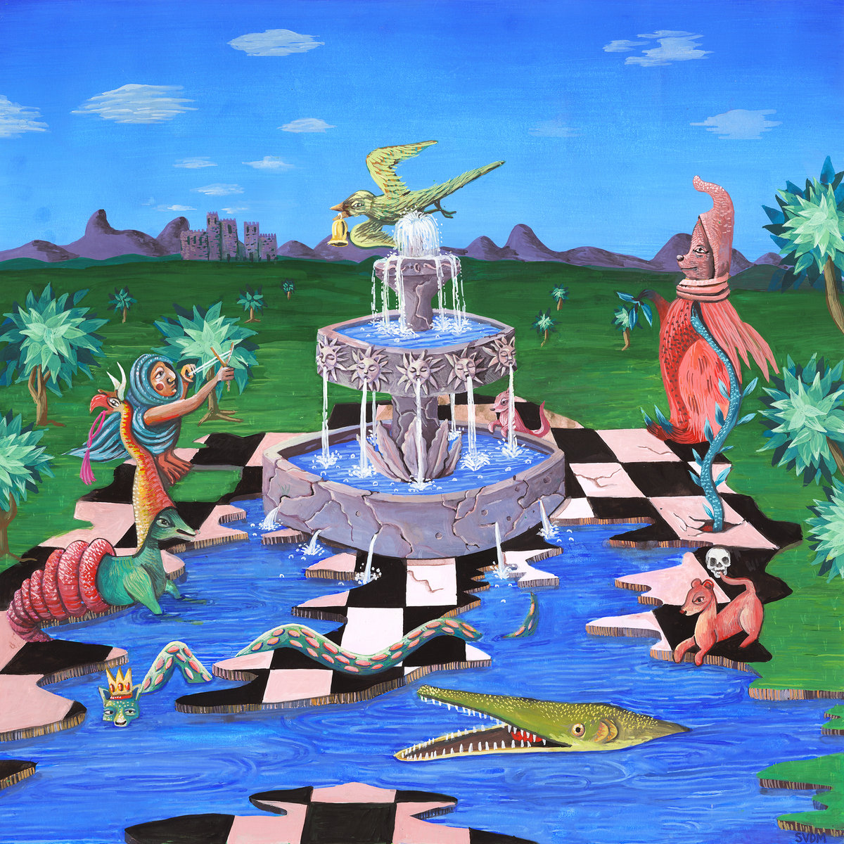 A cracked black and white chess board with blue water below and mystical creatures around it. A small castle is in the distance.